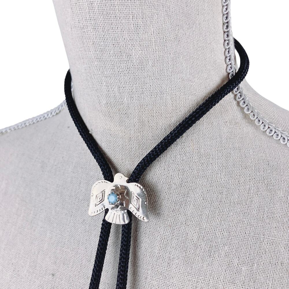 Vintage Thunderbird Bolo Tie Silver Tone Turquoise Glass Western Southwestern